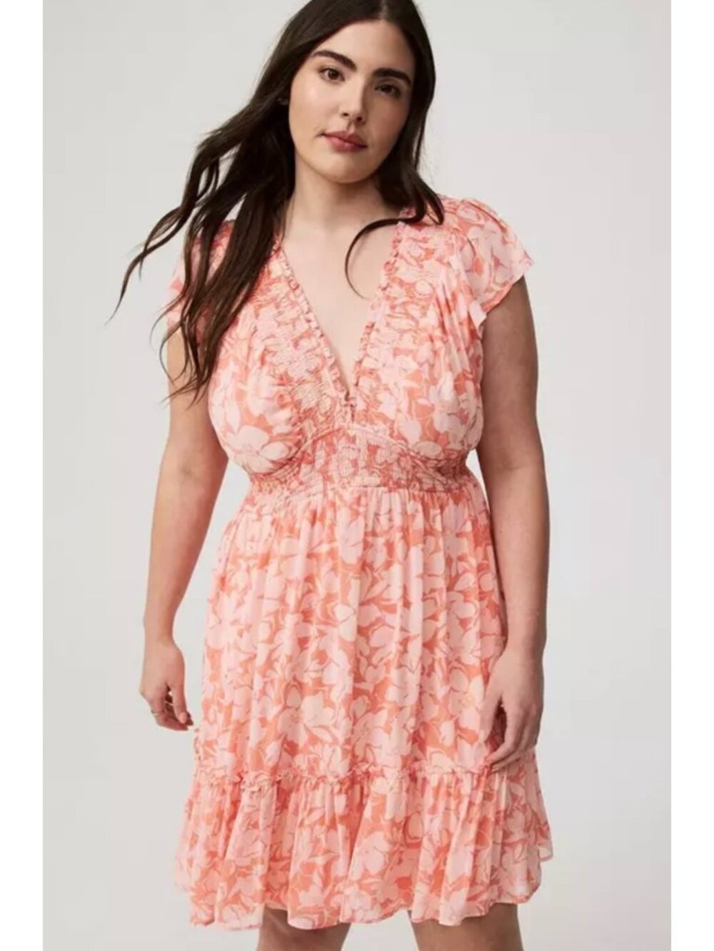 Torrid Floral Chiffon Ruffle Sleeve Tiered Mini Dress Pink Peach Size 2X